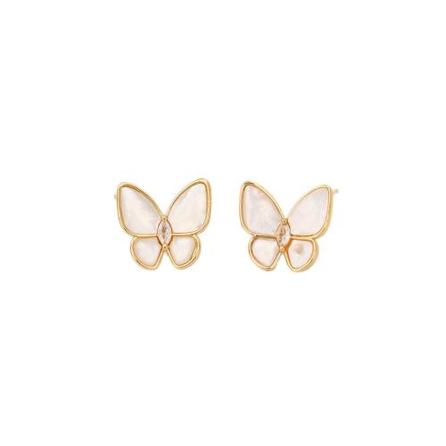 Cubic Zirconia Micro Pave Brass Earring, with Pearl Oyster, Butterfly, real gold plated, fashion jewelry & micro pave cubic zirconia & for woman, Sold By Pair