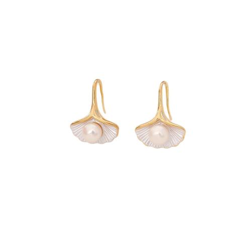 Freshwater Pearl Earrings, Brass, with Freshwater Pearl, Ginkgo Leaf, real gold plated, fashion jewelry & for woman & enamel, Sold By Pair