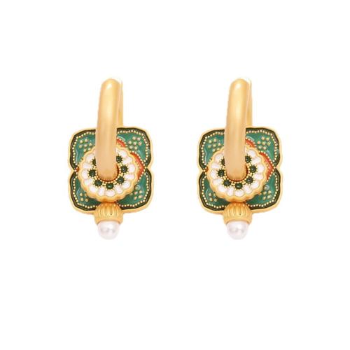 Brass Drop Earring, with Plastic Pearl, real gold plated, fashion jewelry & for woman & enamel, Sold By Pair