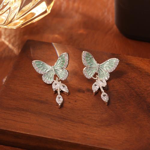Cubic Zirconia Micro Pave Brass Earring, Butterfly, plated, fashion jewelry & micro pave cubic zirconia & for woman & enamel, silver color, Sold By Pair