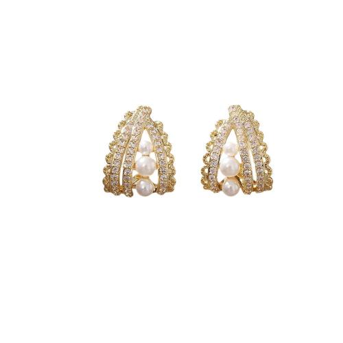 Cubic Zirconia Micro Pave Brass Earring, with Plastic Pearl, plated, micro pave cubic zirconia & for woman & hollow, more colors for choice, Sold By Pair