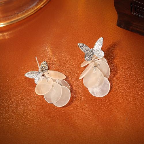 Shell Earrings, Brass, with Shell, Butterfly, plated, fashion jewelry & for woman, silver color, Sold By Pair