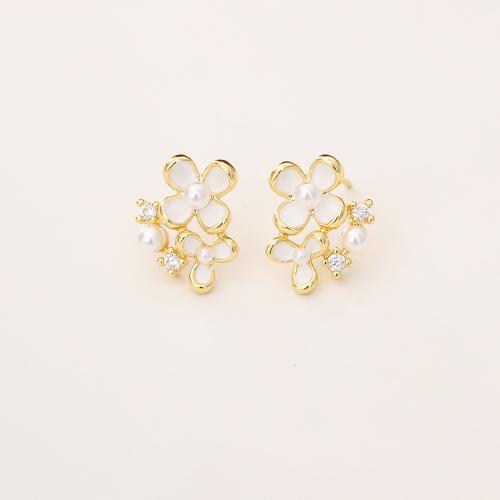 Cubic Zirconia Micro Pave Brass Earring, with Plastic Pearl, Flower, real gold plated, micro pave cubic zirconia & for woman & enamel, Sold By Pair