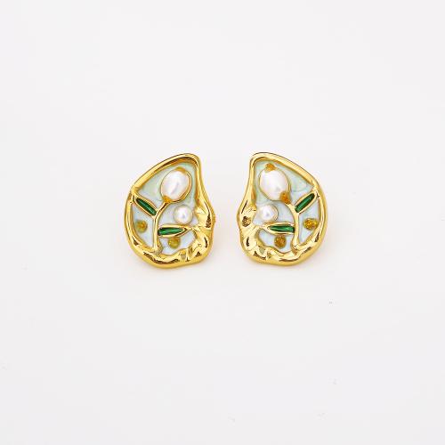 Freshwater Pearl Earrings, Brass, with Freshwater Pearl, real gold plated, fashion jewelry & for woman & enamel, more colors for choice, Sold By Pair