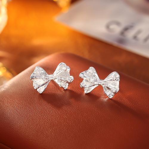 Cubic Zirconia Micro Pave Brass Earring, Bowknot, silver color plated, fashion jewelry & micro pave cubic zirconia & for woman, Sold By Pair