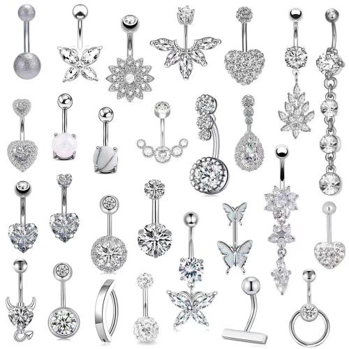 304 Stainless Steel Belly Ring, polished, Unisex & different styles for choice & micro pave cubic zirconia, belly ring rod size 1.6x10mm, Sold By PC