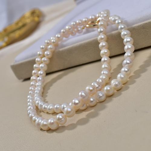 Freshwater Pearl Sweater Chain Necklace, with Brass, Slightly Round, plated, fashion jewelry, more colors for choice, nickel, lead & cadmium free, 6-7mm, Sold Per 60 cm Strand