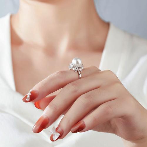 Cubic Zirconia Micro Pave 925 Sterling Silver Rings, with Shell Pearl, Baroque, gold color plated, fashion jewelry & micro pave cubic zirconia, more colors for choice, Sold By PC