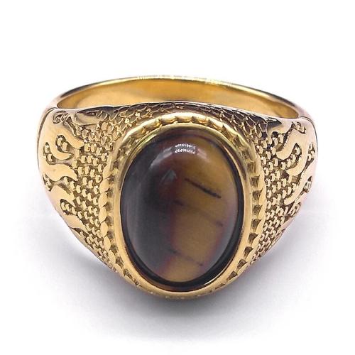 Natural Gemstone Finger Ring, 304 Stainless Steel, with Tiger Eye, plated, fashion jewelry & Unisex & different size for choice, golden, Sold By PC