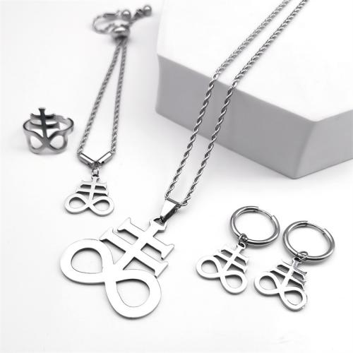 Fashion Stainless Steel Jewelry Sets, finger ring & bracelet & earring & necklace, 304 Stainless Steel, plated, 4 pieces & for woman & hollow, silver color, Sold By Set