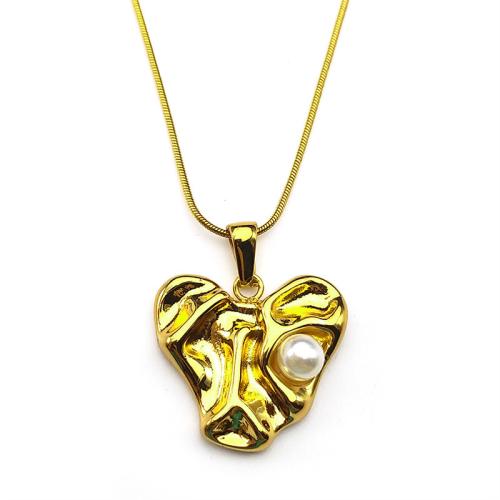 Stainless Steel Jewelry Necklace, 304 Stainless Steel, with Plastic Pearl, plated, fashion jewelry & for woman, golden, Sold By PC