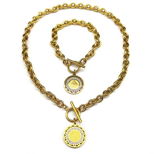 Rhinestone Stainless Steel Jewelry Set, bracelet & necklace, 304 Stainless Steel, plated, 2 pieces & Unisex & with rhinestone & hollow, more colors for choice, Sold By Set