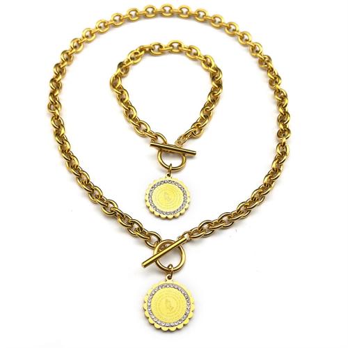 Rhinestone Stainless Steel Jewelry Set, bracelet & necklace, 304 Stainless Steel, plated, 2 pieces & for woman & with rhinestone, more colors for choice, Sold By Set