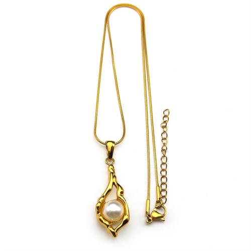 Stainless Steel Jewelry Necklace, 304 Stainless Steel, with Plastic Pearl, 18K gold plated, fashion jewelry & for woman & hollow, Sold By PC