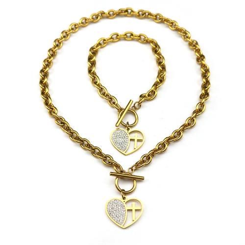 Rhinestone Stainless Steel Jewelry Set, 304 Stainless Steel, plated, 2 pieces & for woman & with rhinestone & hollow, more colors for choice, Sold By Set