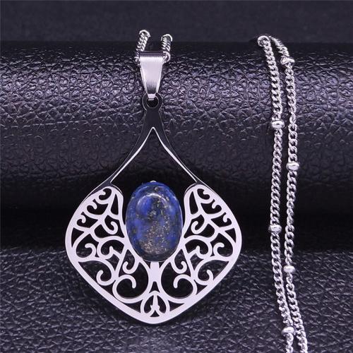 Stainless Steel Jewelry Necklace, 304 Stainless Steel, with Lapis Lazuli, plated, fashion jewelry & for woman & hollow, more colors for choice, Sold By PC