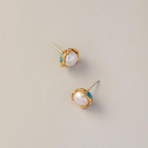 Freshwater Pearl Earrings, Brass, plated, fashion jewelry & enamel, more colors for choice, nickel, lead & cadmium free, Sold By Pair