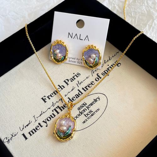 Natural Cultured Freshwater Pearl Jewelry Sets, Stud Earring & necklace, Brass, with Freshwater Pearl, plated, fashion jewelry & enamel, more colors for choice, nickel, lead & cadmium free, Sold By Set