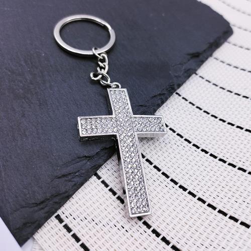 Porte-clés, alliage de zinc, croix, Placage de couleur d'or, bijoux de mode, gris argenté, Vendu par PC
