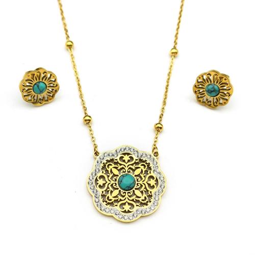Rhinestone Stainless Steel Jewelry Set, Stud Earring & necklace, 304 Stainless Steel, with Turquoise, Flower, plated, 2 pieces & for woman & with rhinestone & hollow, golden, Sold By Set