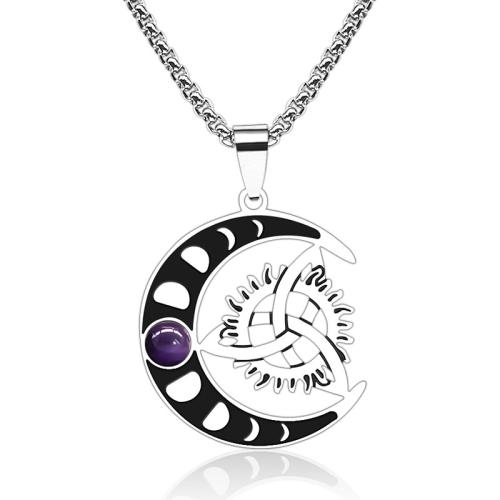 Stainless Steel Jewelry Necklace, 304 Stainless Steel, with Glass, plated, fashion jewelry & for woman & hollow, silver color, Sold By PC