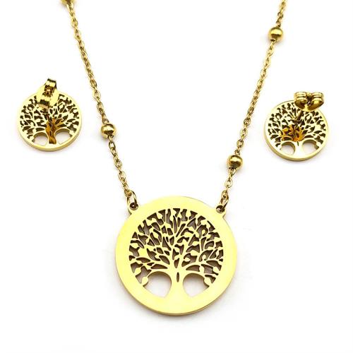 Rhinestone Stainless Steel Jewelry Set, Stud Earring & necklace, 304 Stainless Steel, Round, plated, 2 pieces & for woman & with rhinestone & hollow, golden, Sold By Set