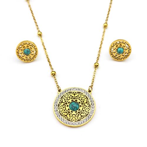 Rhinestone Stainless Steel Jewelry Set, Stud Earring & necklace, 304 Stainless Steel, with Turquoise, Round, plated, 2 pieces & for woman & with rhinestone & hollow, golden, Sold By Set