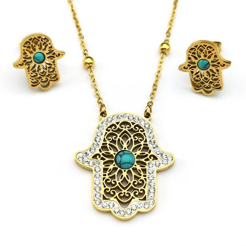 Rhinestone Stainless Steel Jewelry Set, Stud Earring & necklace, 304 Stainless Steel, with Turquoise, Hand, plated, 2 pieces & for woman & with rhinestone & hollow, golden, Sold By Set