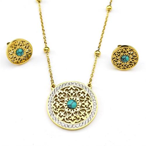 Rhinestone Stainless Steel Jewelry Set, Stud Earring & necklace, 304 Stainless Steel, with Turquoise, Round, plated, 2 pieces & for woman & with rhinestone & hollow, golden, Sold By Set