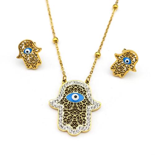 Evil Eye Jewelry Set, Stud Earring & necklace, 304 Stainless Steel, Hand, epoxy gel, 2 pieces & for woman & with rhinestone & hollow, golden, Sold By PC