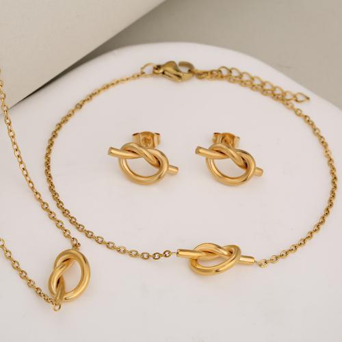 Fashion Stainless Steel Jewelry Sets, Stud Earring & bracelet & necklace, 304 Stainless Steel, plated, three pieces & for woman & hollow, more colors for choice, Sold By Set