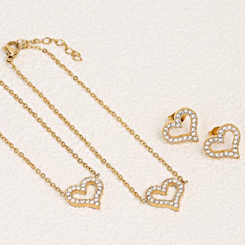 Rhinestone Stainless Steel Jewelry Set, Stud Earring & bracelet & necklace, 304 Stainless Steel, plated, three pieces & for woman & with rhinestone & hollow, more colors for choice, Sold By Set