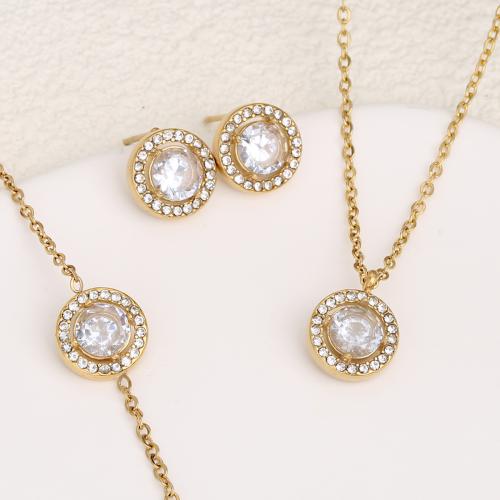 Rhinestone Stainless Steel Jewelry Set, Stud Earring & bracelet & necklace, 304 Stainless Steel, plated, three pieces & for woman & with rhinestone, more colors for choice, Sold By PC