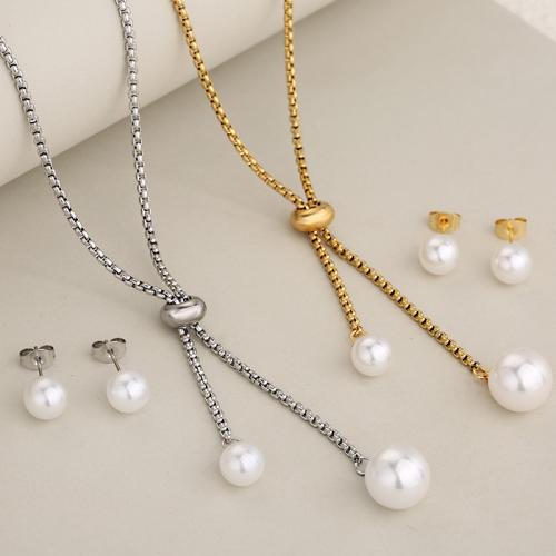 Fashion Stainless Steel Jewelry Sets, Stud Earring & necklace, 304 Stainless Steel, with Plastic Pearl, plated, 2 pieces & fashion jewelry & for woman, more colors for choice, Sold By Set
