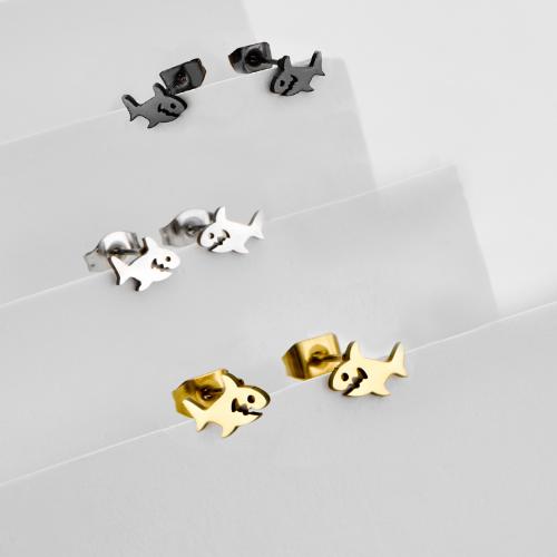Stainless Steel Stud Earrings, 304 Stainless Steel, Shark, plated, fashion jewelry, more colors for choice, 12Pairs/Bag, Sold By Bag