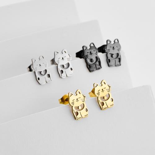 Stainless Steel Stud Earrings, 304 Stainless Steel, Cat, plated, fashion jewelry, more colors for choice, 12Pairs/Bag, Sold By Bag