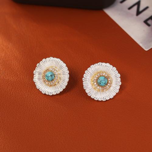 Boucles d'oreilles en laiton zircon cubique pavent, avec turquoise synthétique, margueritepâquerette, Placage, bijoux de mode & pavé de micro zircon & pour femme, argent, Vendu par paire