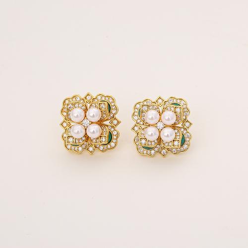 Cubic Zirconia Micro Pave Brass Earring, with Turquoise & Plastic Pearl, real gold plated, Double Layer & micro pave cubic zirconia & for woman, Sold By Pair