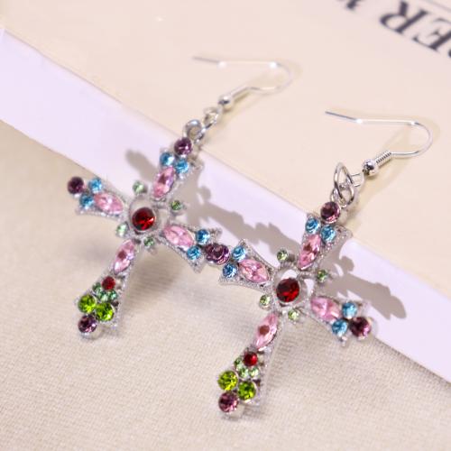 Tibetan Style Drop Earrings, Cross, gold color plated, fashion jewelry & with rhinestone, more colors for choice, Sold By Pair