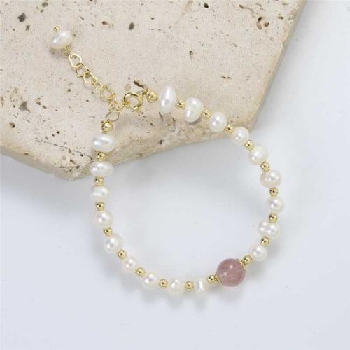 Freshwater Cultured Pearl Bracelet, Freshwater Pearl, with Strawberry Quartz & Brass, Round, gold color plated, for woman, mixed colors, Length:7.09 Inch, Sold By PC