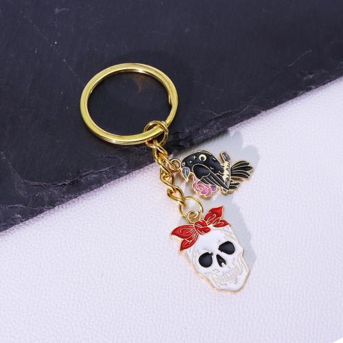 Llaveros, aleación de zinc, Calavera, chapado en color dorado, Diseño de Halloween & esmalte, más colores para la opción, Vendido por UD