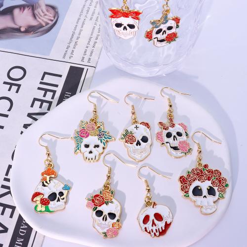 Tibetan Style Drop Earring, Skull, gold color plated, Halloween Design & enamel, more colors for choice, Sold By Pair