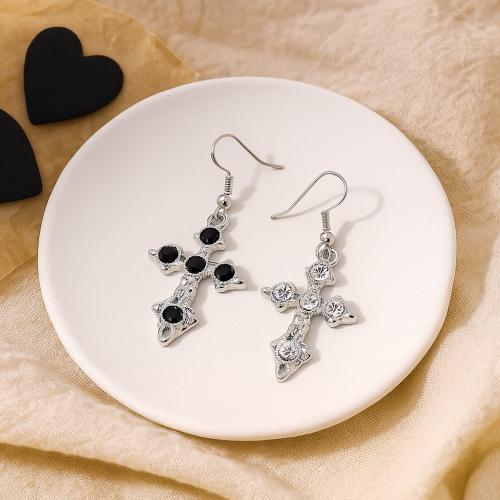 Tibetan Style Drop Earrings, Cross, gold color plated, fashion jewelry & with rhinestone, more colors for choice, Sold By Pair