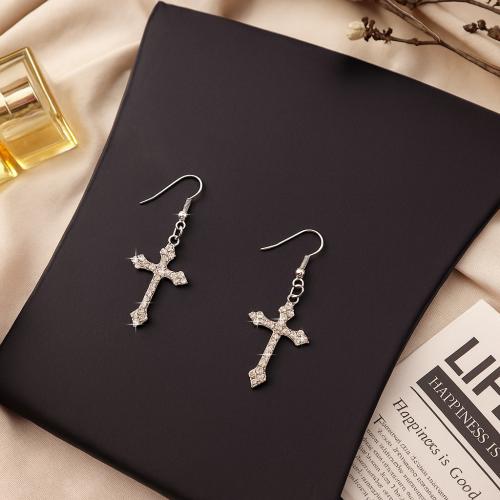 Tibetan Style Drop Earrings, Cross, gold color plated, fashion jewelry & with rhinestone, silver color, Sold By PC