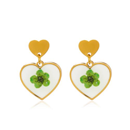 acero inoxidable 304 Pendientes con Colgantes, con Flores secas & resina, Corazón, 18K chapado en oro, Joyería & diferentes patrones para la opción & para mujer, Vendido por Par