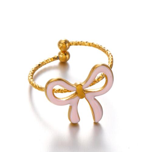 Enamel Stainless Steel Finger Ring, 304 Stainless Steel, Bowknot, gold color plated, for woman & hollow, more colors for choice, Sold By PC
