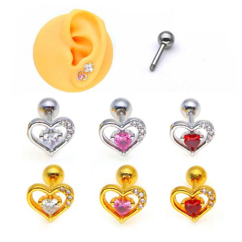 Brass Piercing Earring, Heart, plated, Unisex & different styles for choice & micro pave cubic zirconia, earring rod size 6mm, Sold By PC