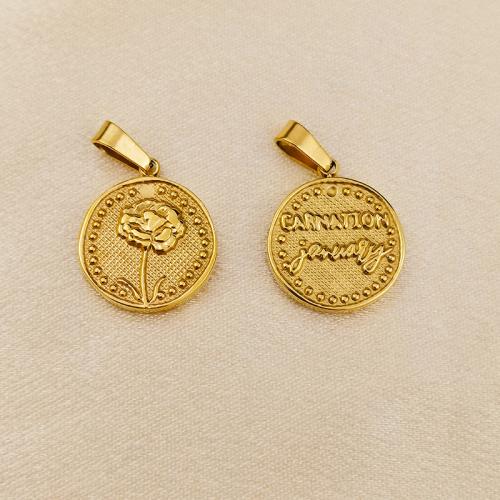 Stainless Steel Flower Pendant, 304 Stainless Steel, Flat Round, gold color plated, DIY & different styles for choice & with flower pattern, 15mm, Sold By PC