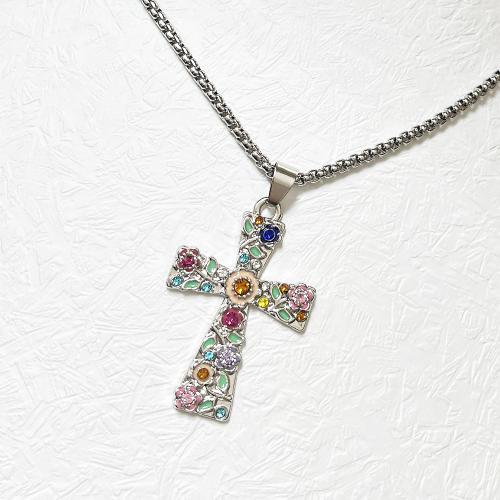 Collier en alliage de zinc Pull, croix, Placage de couleur d'or, bijoux de mode & avec strass, plus de couleurs à choisir, Vendu par PC