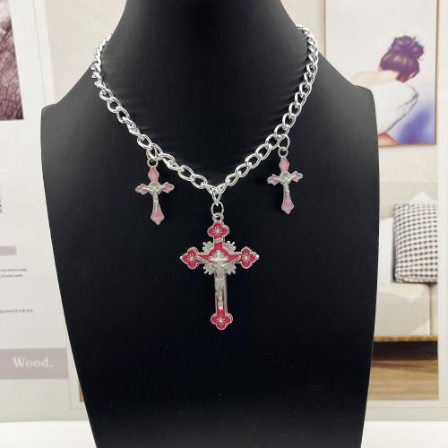 Collier en alliage de zinc Pull, croix, Placage de couleur d'or, bijoux de mode & émail, plus de couleurs à choisir, Vendu par PC